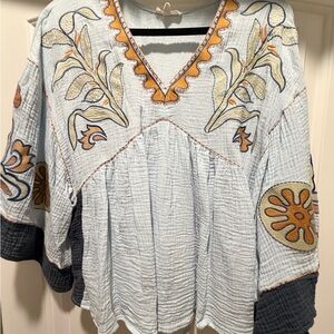 Easel Light Blue Embroidered Boho Blouse